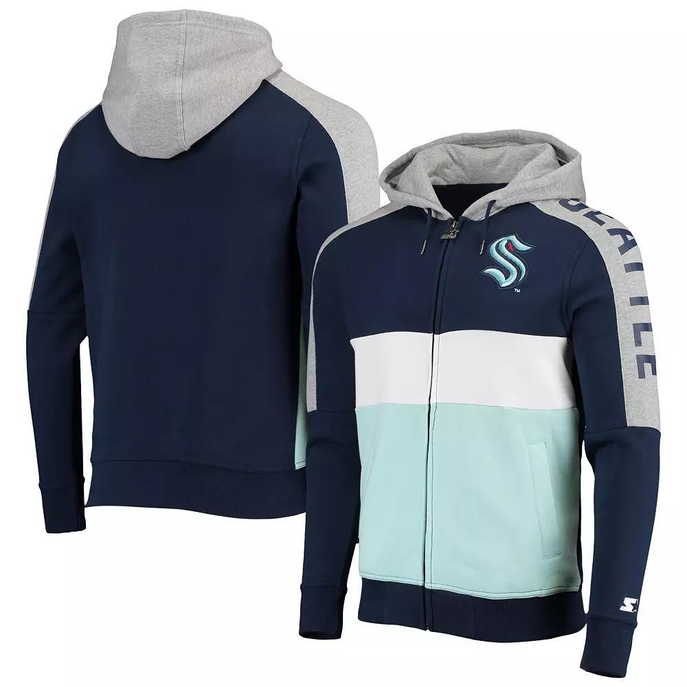 Men's Starter Deep Sea Blue/Blue Seattle Kraken Playoffs Color Block Full-Zip Hoodie, Size: Small, Krk Blue Product Image