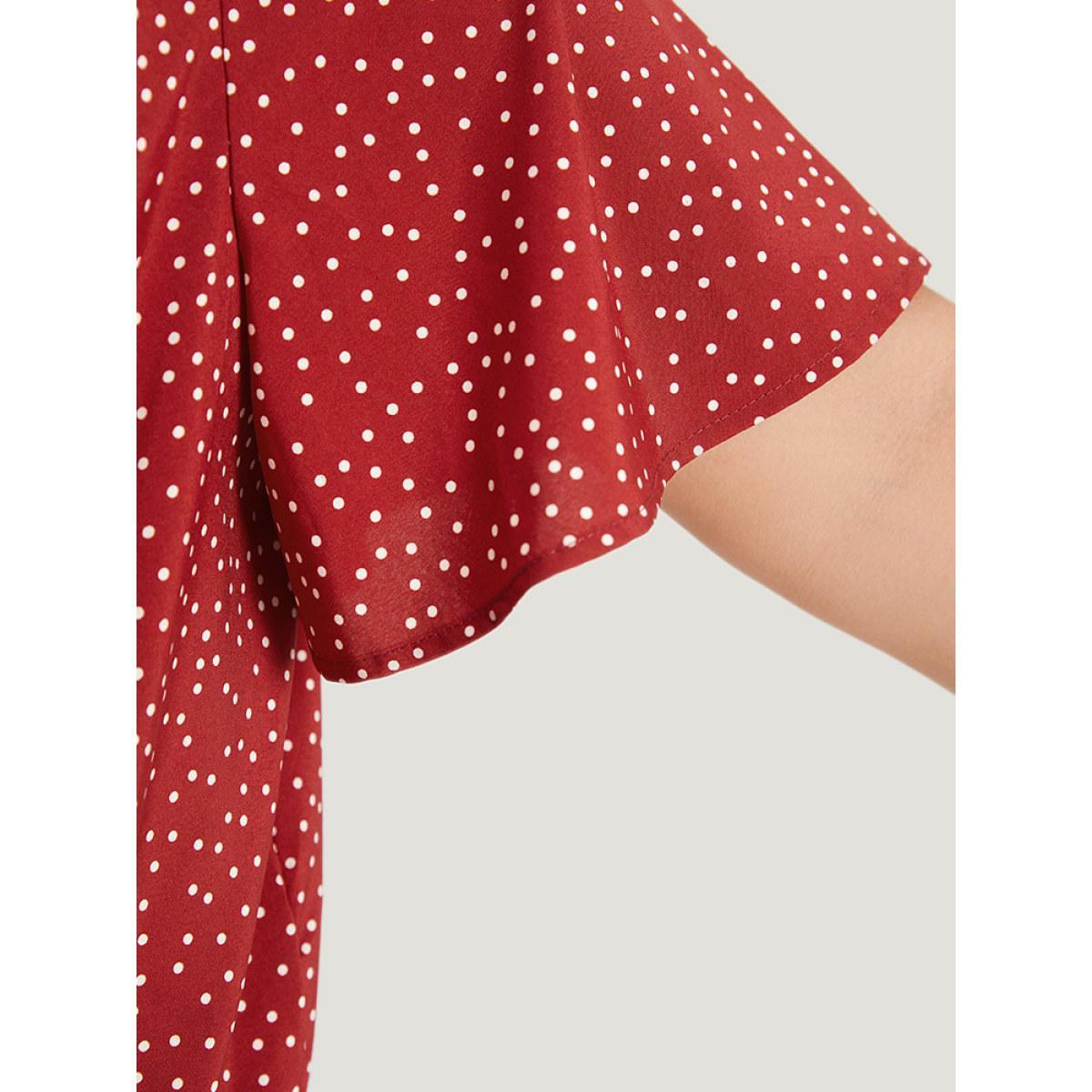 Plus Size Polka Dot Elastic Waist Plicated Detail Ruffle Sleeve Bodysuit Women Red Polka Dot Pleated Bodysuits BloomChic 22-24/3X Product Image