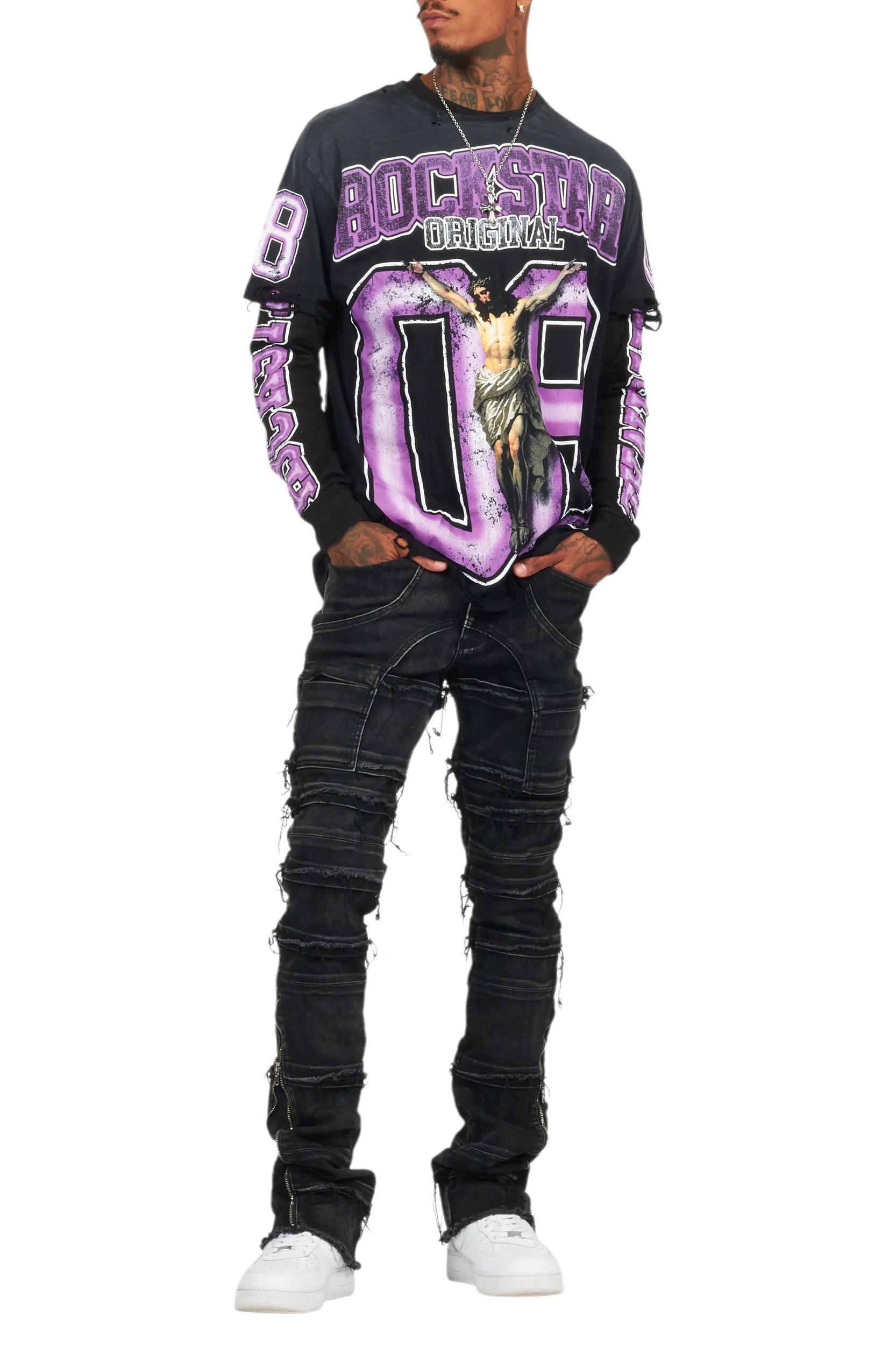 Fields Black/Purple Double Layer Long Sleeve Graphic T-Shirt Male Product Image