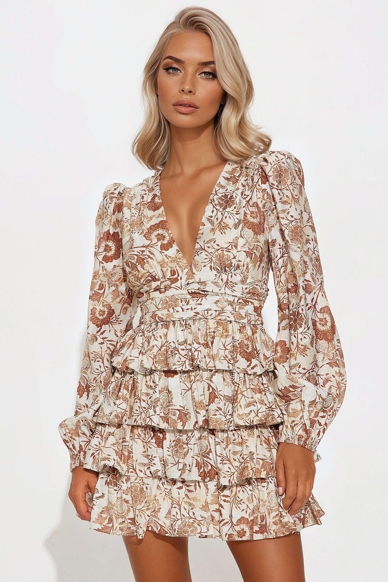 Magnolia Floral Linen Mini Dress - Beige/Brown Product Image