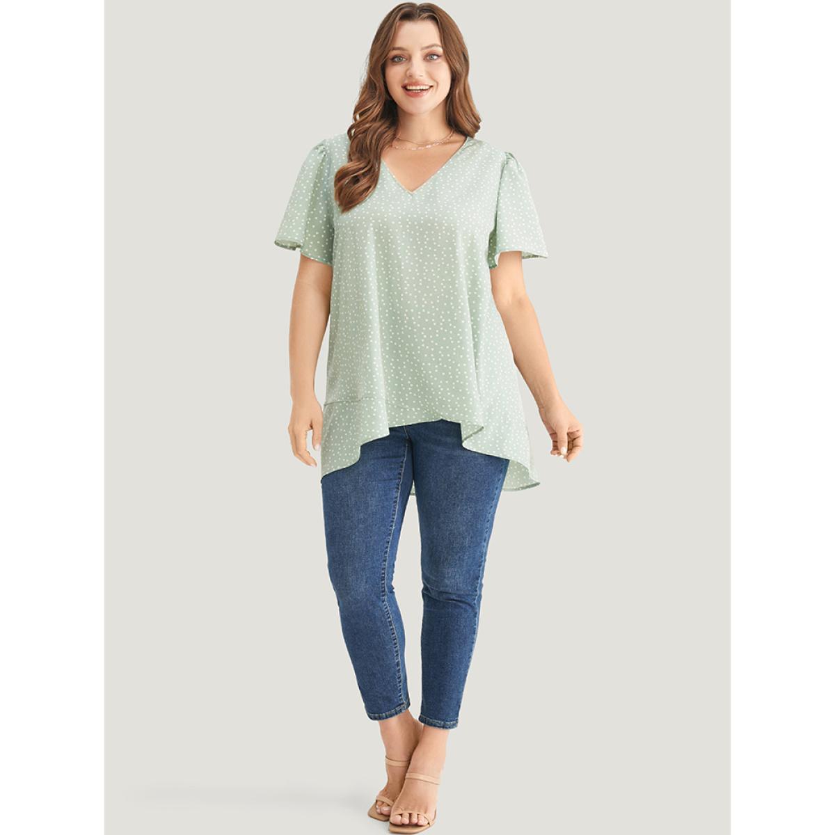Plus Size Mint Heart Print Ruffle Sleeve Asymmetrical Hem Blouse Women Elegant Short sleeve V-neck Dailywear Blouses BloomChic 30/6X Product Image