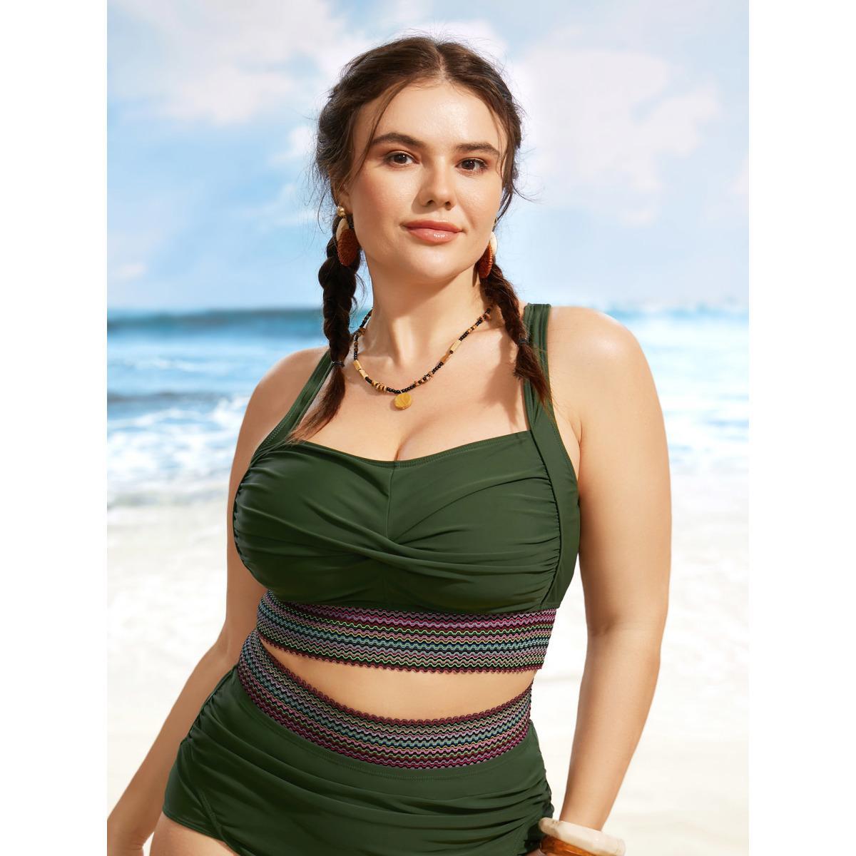 Plus Size Twist Front Patchwork Woven Ribbon Swim Top Women's Swimwear ArmyGreen Beach Woven ribbon&lace trim High stretch Skinny Heart neckline Curve Swim Tops BloomChic 12/L Product Image