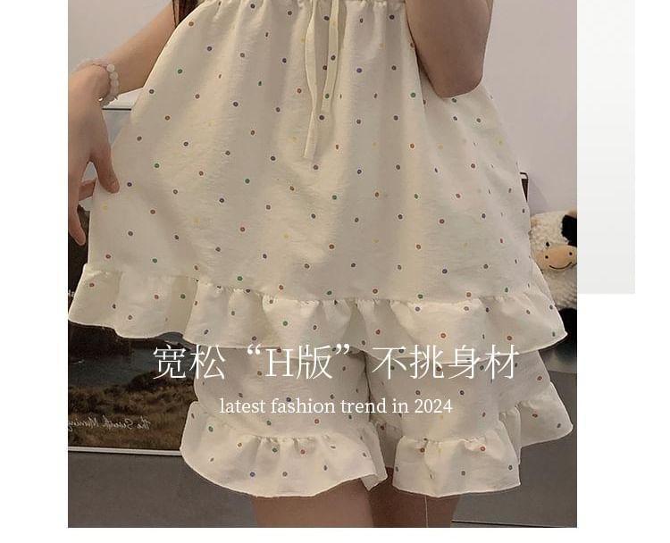 Pajama Set: Lace Trim Dotted Camisole Top + Shorts Product Image