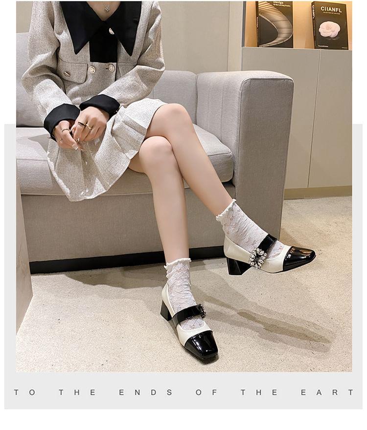 Chunky Heel Cap Toe Rhinestone Accent Faux Leather Mary Jane Pumps Product Image
