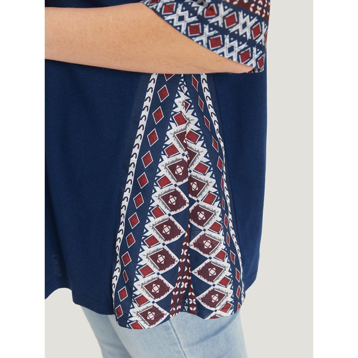 Plus Size Bandana Print Patchwork Crew Neck T-shirt Indigo Women Casual Patchwork Bohemian Print Round Neck Dailywear T-shirts BloomChic 12/L Product Image