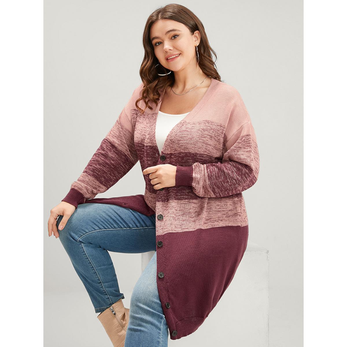 Plus Size Colorblock Contrast Pointelle Knit Button Front Heather Cardigan RedViolet Women Casual Loose Long Sleeve Dailywear Cardigans BloomChic 30/6X Product Image