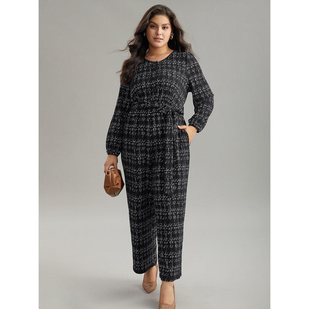 Plus Size Black Textured Button Up Elastic Waist Belted Jumpsuit Women Office Long Sleeve Round Neck Work Loose Jumpsuits BloomChic 10/M Product Image