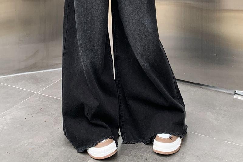 High Waist Washed Frayed Wide Leg Jeans Product Image