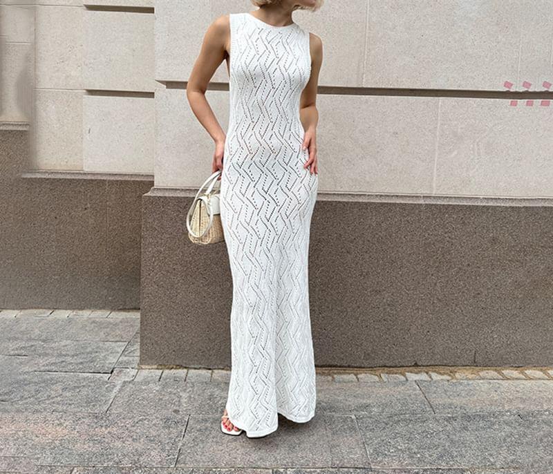 Sleeveless Round Neck Plain Pointelle Knit Maxi Sheath Cover Up Dress Product Image