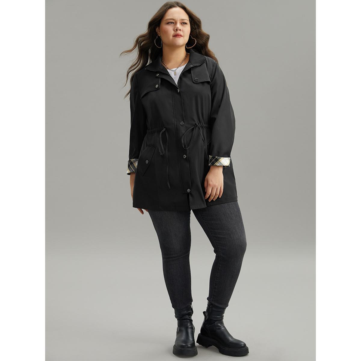 Plus Size Wind-Resistant Plaid Patchwork Drawstring Zipper Coat Women Black Contrast Pocket Dailywear Jackets BloomChic 26/4X Product Image