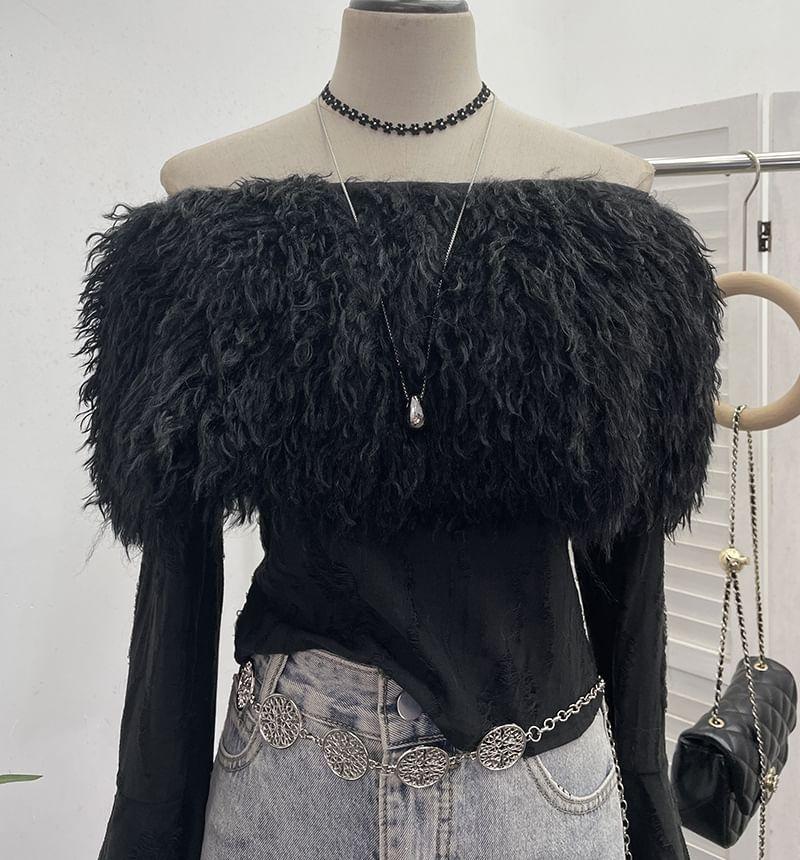 Long Sleeve Off Shoulder Fluffy Panel Plain Distressed Crop Top Product Image