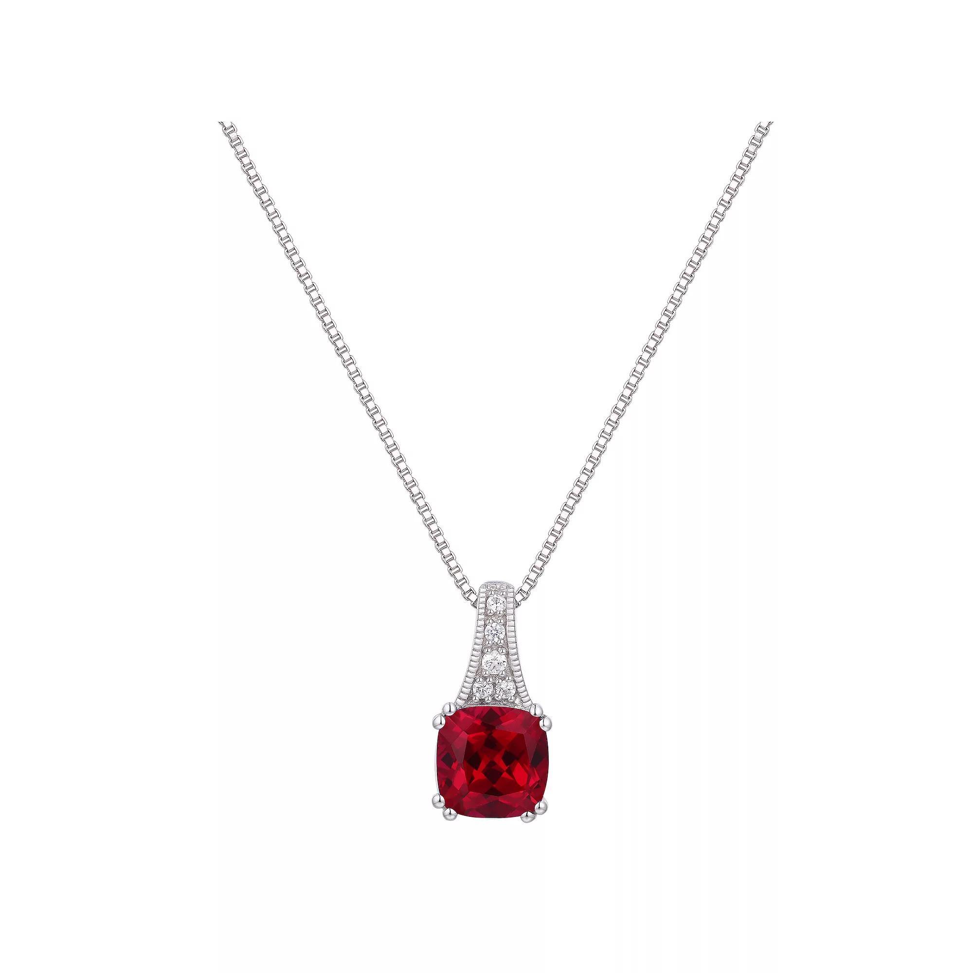 Rhodium Over Sterling Silver Square Gemstone With Lab-Created White Sapphire Accents Pendant Necklace, Women's, Size: 18", Created Red Product Image
