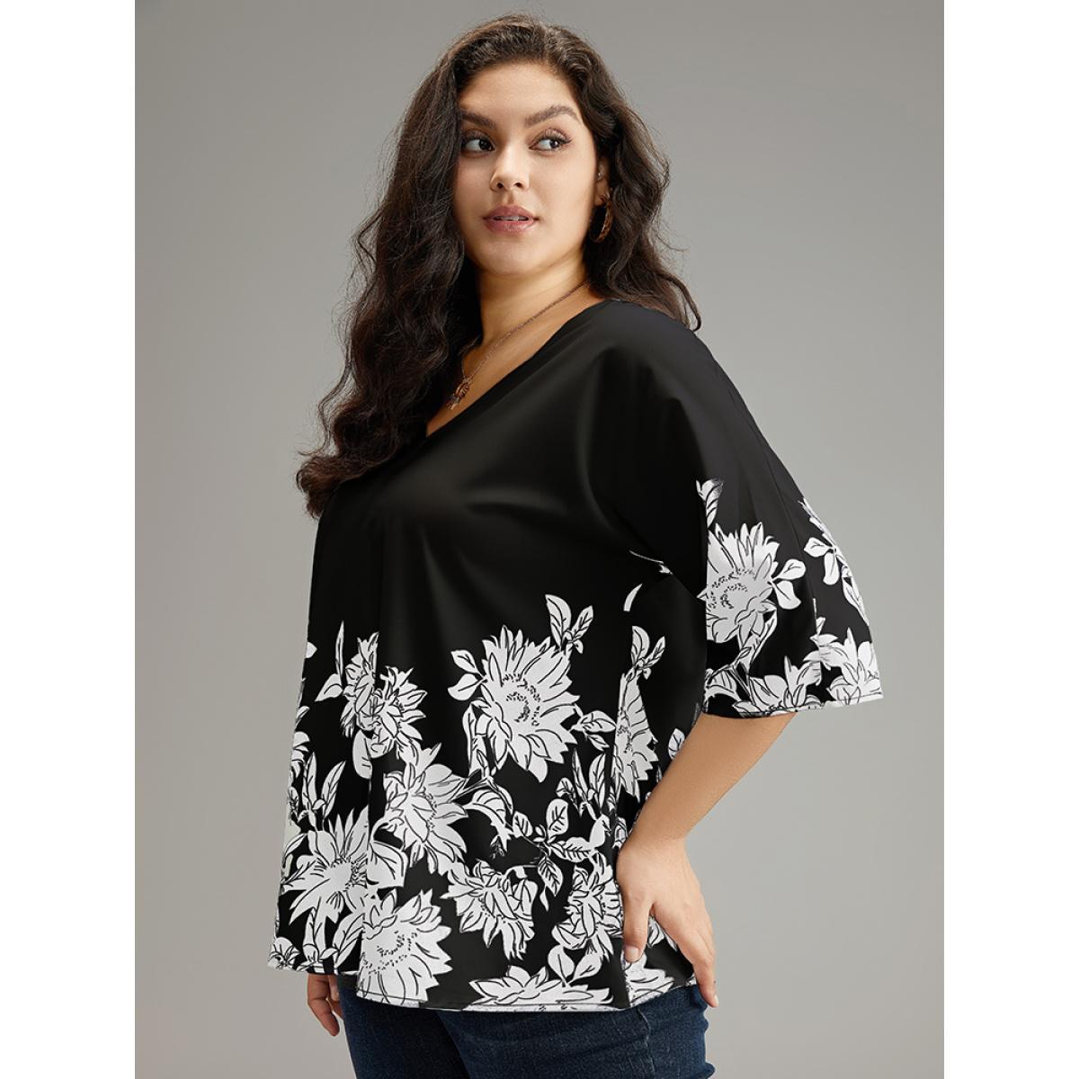 Plus Size Black Boho Print V Neck Cut Out Blouse Women Elegant Elbow-length sleeve V-neck Dailywear Blouses BloomChic 22-24/3X Product Image