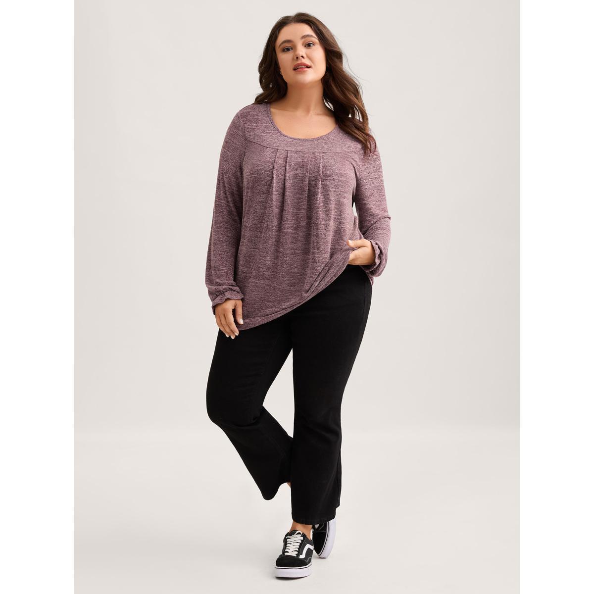 Plus Size Round Neck Heather Pleated T-shirt RedViolet Women Elegant Pleated Round Neck Loose Everyday T-shirts BloomChic 30/6X Product Image