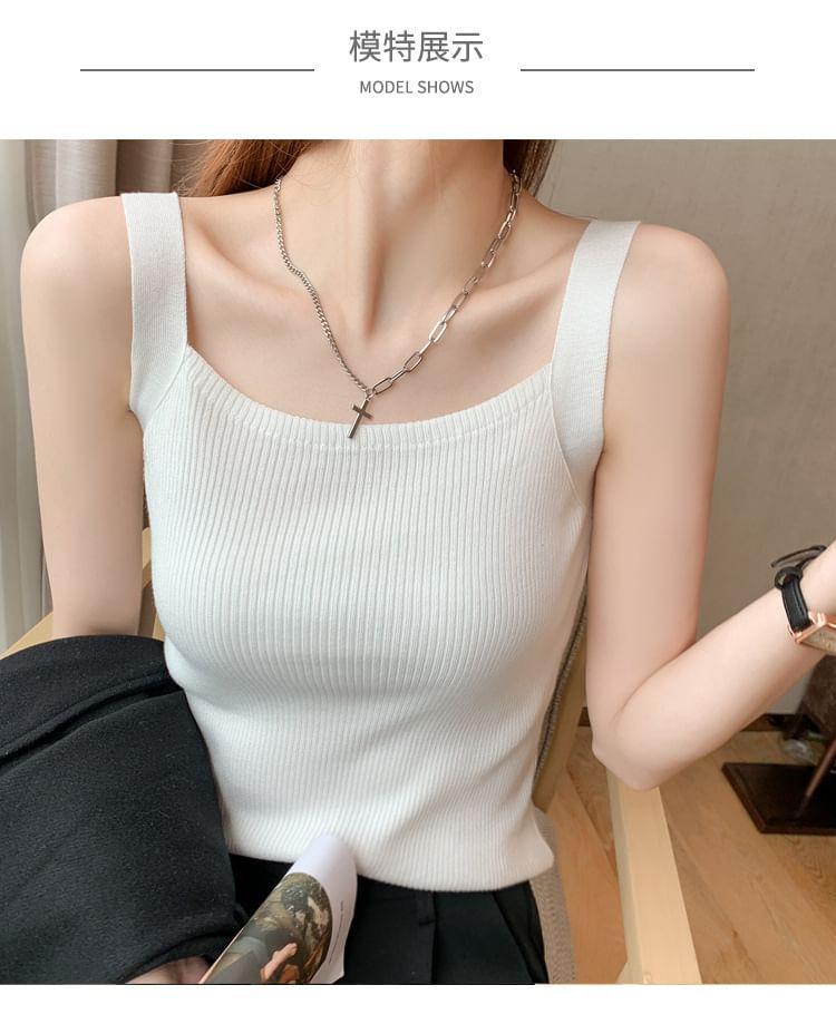 Square Neck Plain Ribbed Knit Tank Top Product Image