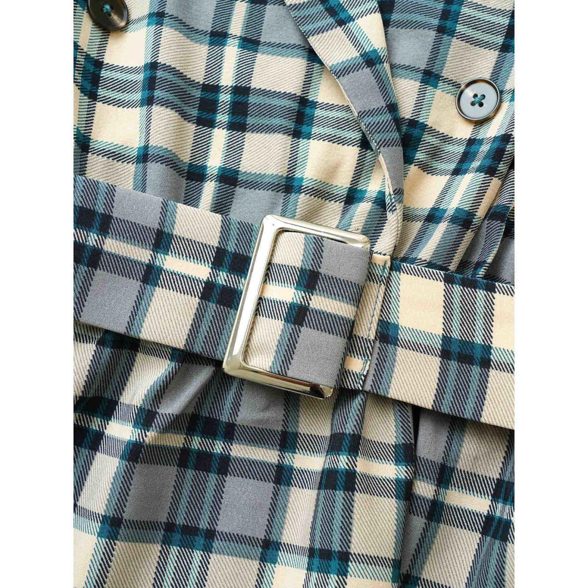 Plus Size Plaid Suit Collar Pocket Belted Dress Stone Women At the Office Non Suit Collar Long Sleeve Curvy Midi Dress BloomChic 10/M Product Image