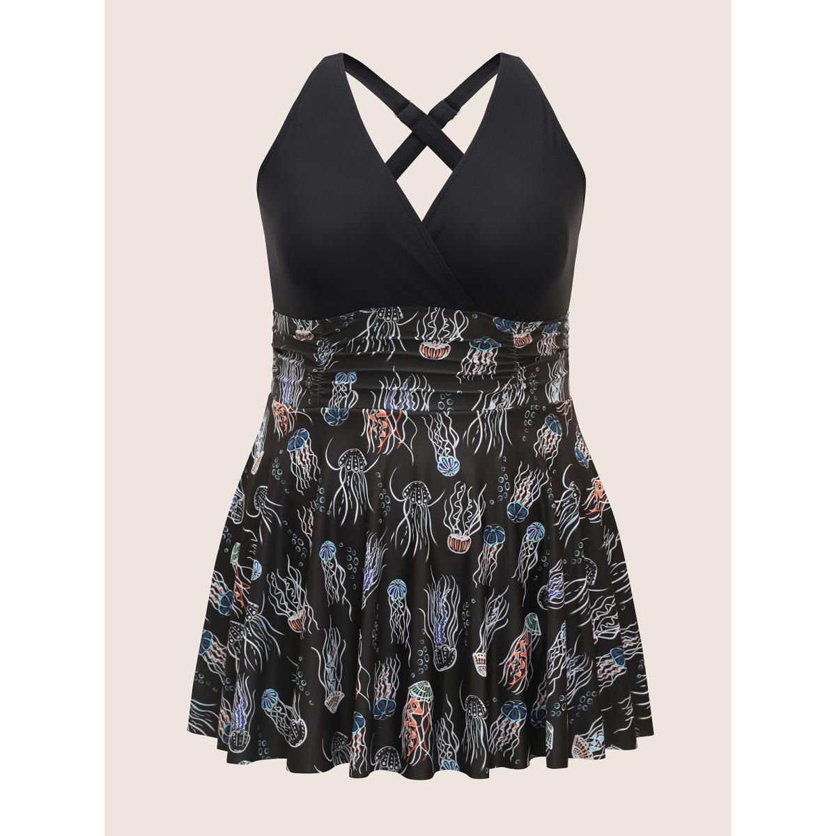 Plus Size Marine Elements Patchwork Ruched Swim Dress Women's Swimwear Black Beach Bodycon Overlap Collar High stretch Curve Swim Dresses BloomChic 10/M Product Image