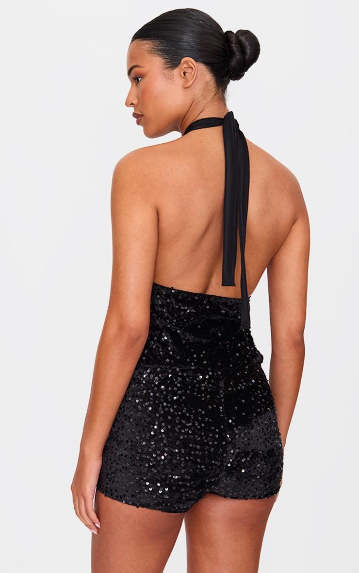Tall Black Velvet Sequin Halterneck Romper Product Image