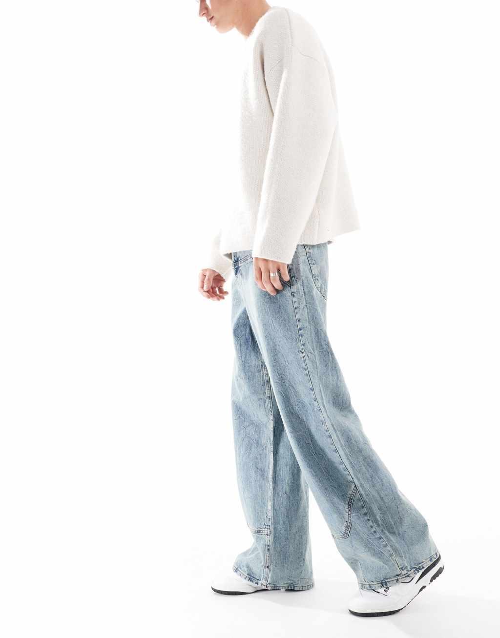 ASOS DESIGN super baggy carpenter jeans in mid wash blue Product Image