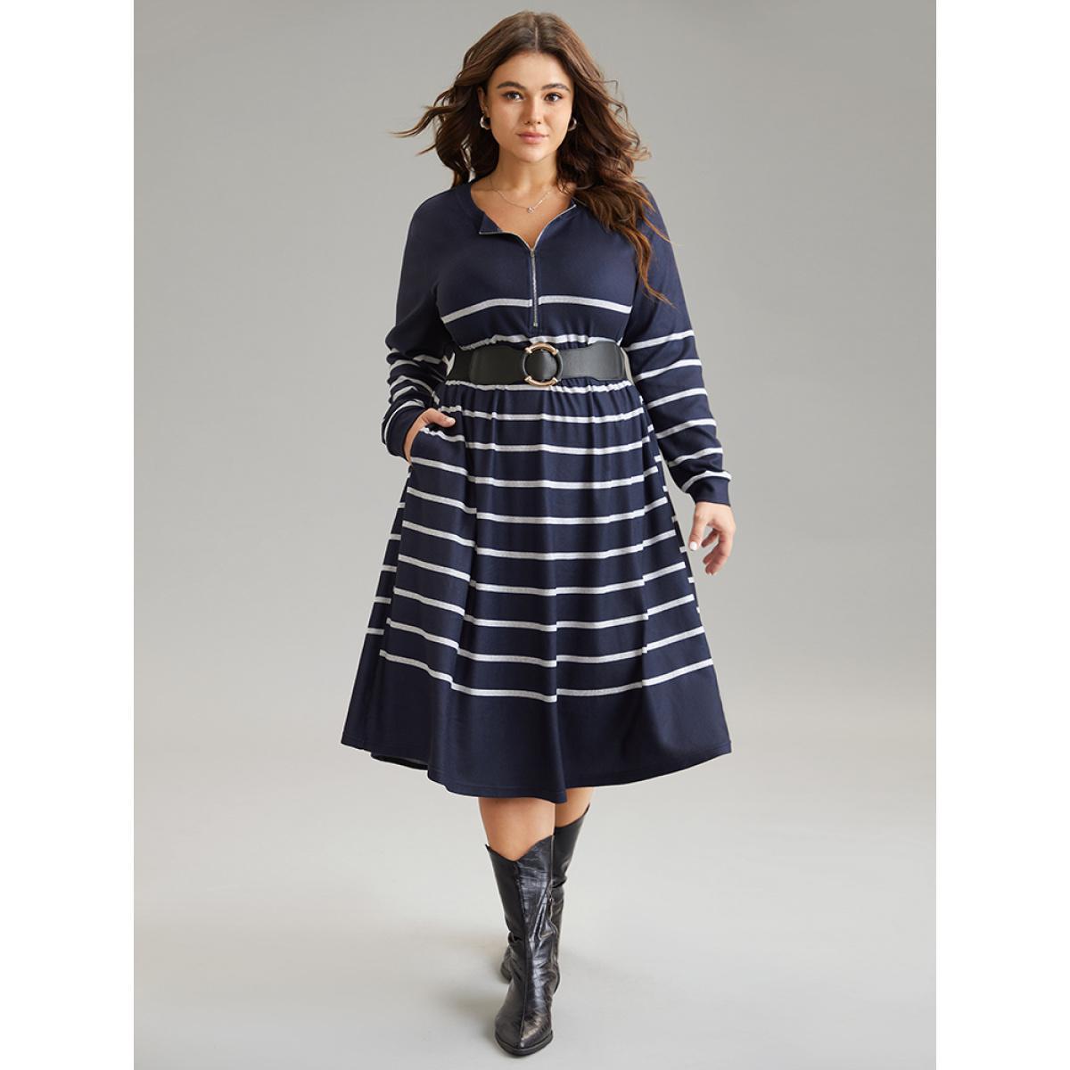 Plus Size Striped Elastic Waist Pocket Zipper Dress DarkBlue Women Casual Printed Round Neck Long Sleeve Curvy Midi Dress BloomChic 10/M Product Image