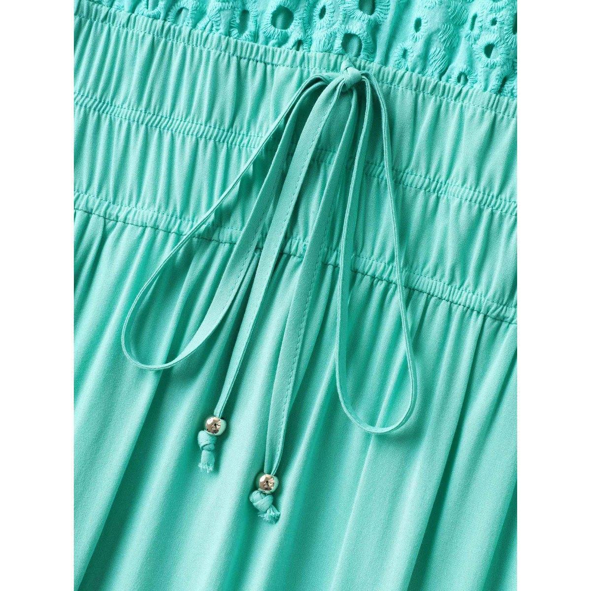 Plus Size Cotton Embroidered Tie Pockets Midi Dress Malachitegreen Women V-neck Cap Sleeve Curvy BloomChic 10/M Product Image