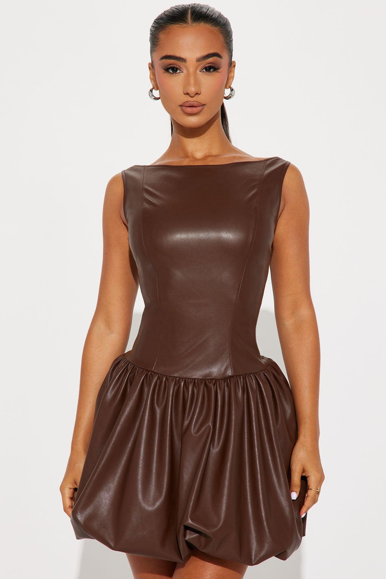 Kaia Faux Leather Bubble Mini Dress - Brown Product Image