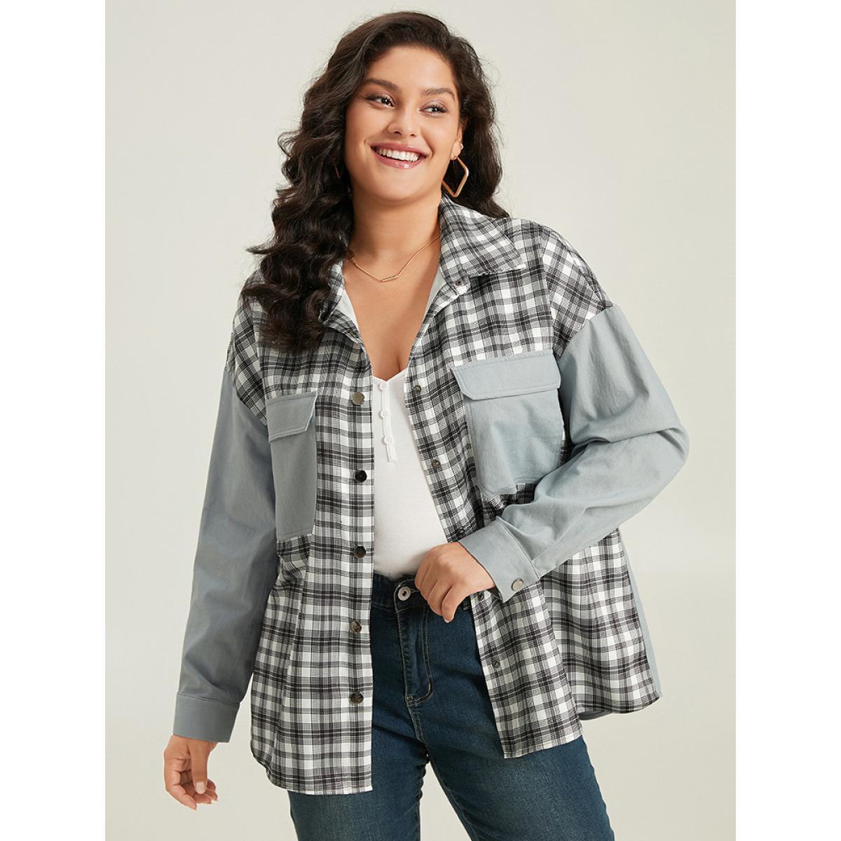 Plus Size Plaid Pocket Patchwork Contrast Coat Women LightBlue Casual Contrast Ladies Everyday Winter Coats BloomChic 12/L Product Image