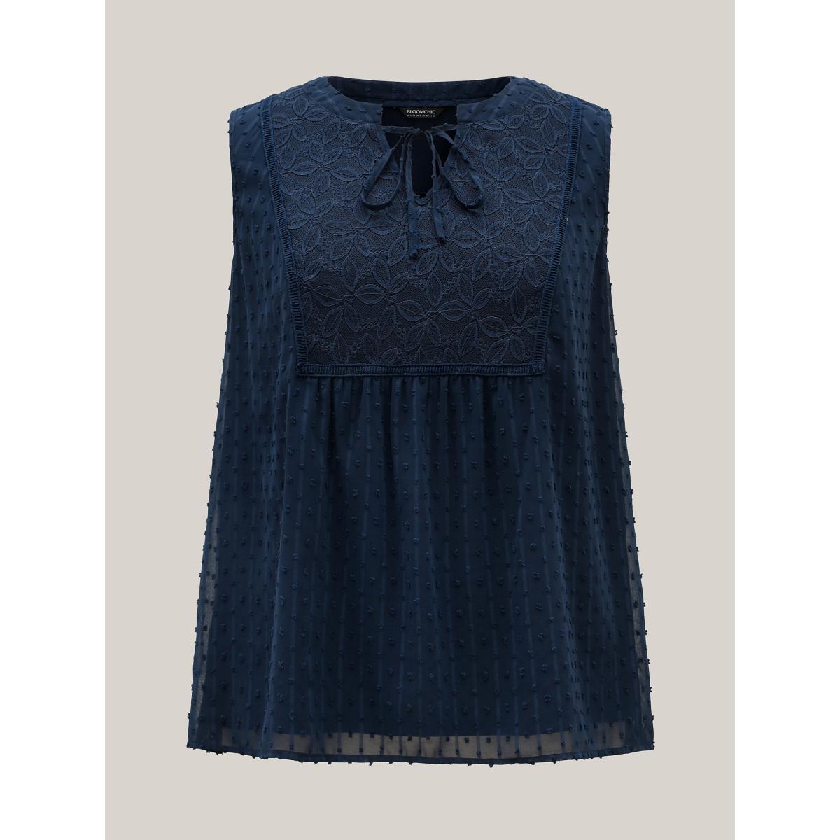 Plus Size Textured Lace Detail Neck Tie Sleeveless Top Women DarkBlue Woven ribbon&lace trim Flat collar with V-notch Everyday-Elegant Tank Tops Camis BloomChic 28/5X Product Image
