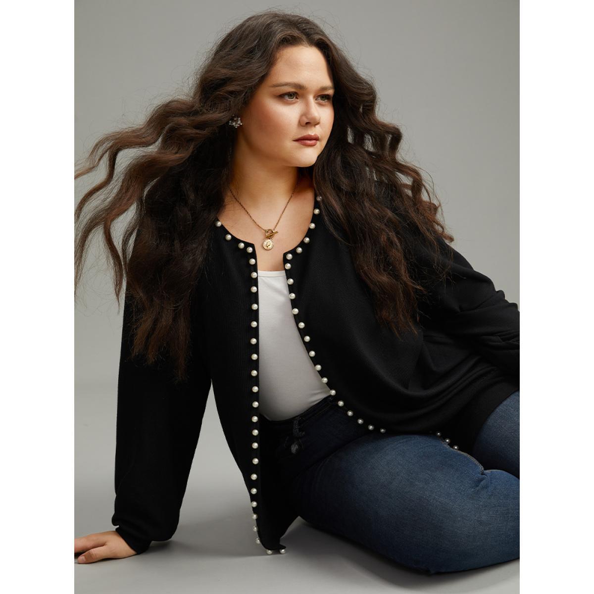 Plus Size Solid Pearl Beaded Open Front Coat Women Black Elegant Beaded Ladies Dailywear Winter Coats BloomChic 18-20/2X Product Image