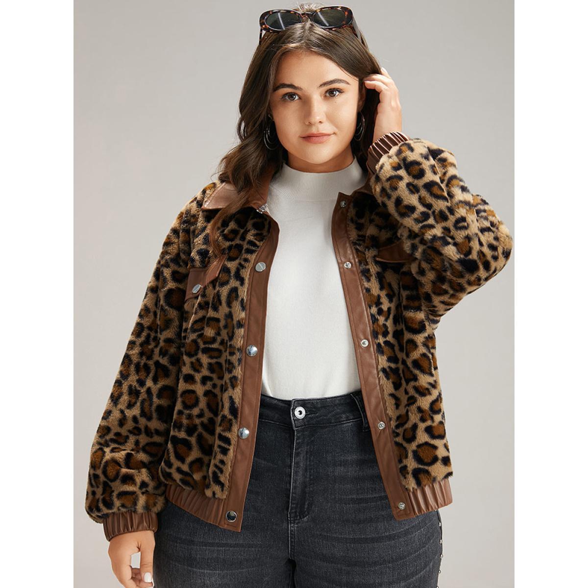 Plus Size Leopard Patchwork Button Through Jacket Women Leopard Elastic cuffs Dailywear Jackets BloomChic 18-20/2X Product Image