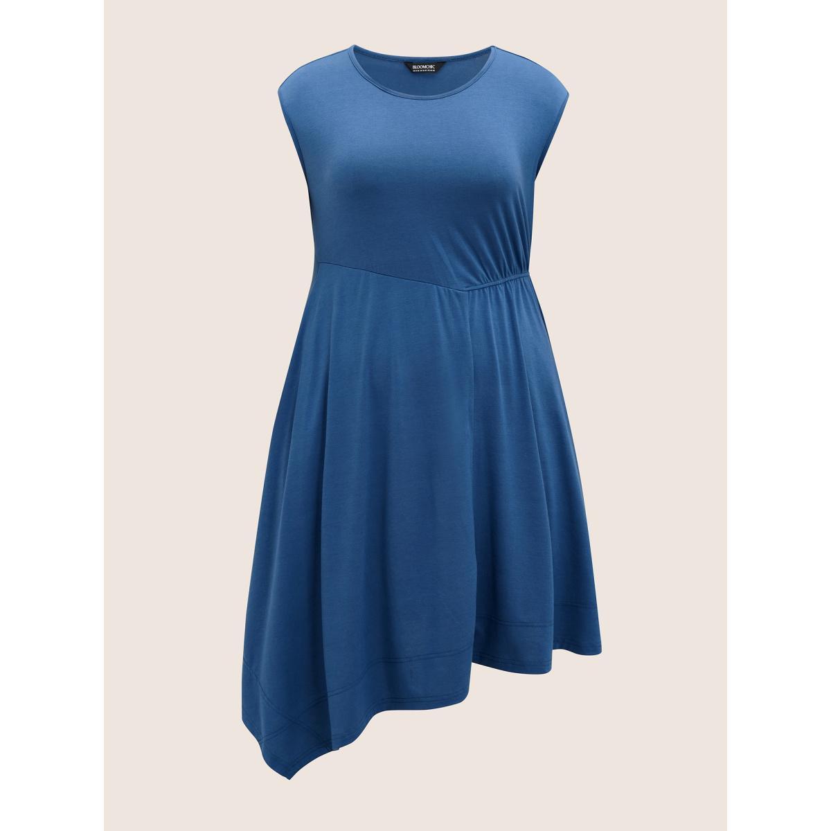 Plus Size Solid Crew Neck Asymmetrical Hem Dress Mediumblue Women Elegant Gathered Round Neck Cap Sleeve Curvy BloomChic 26/4X Product Image