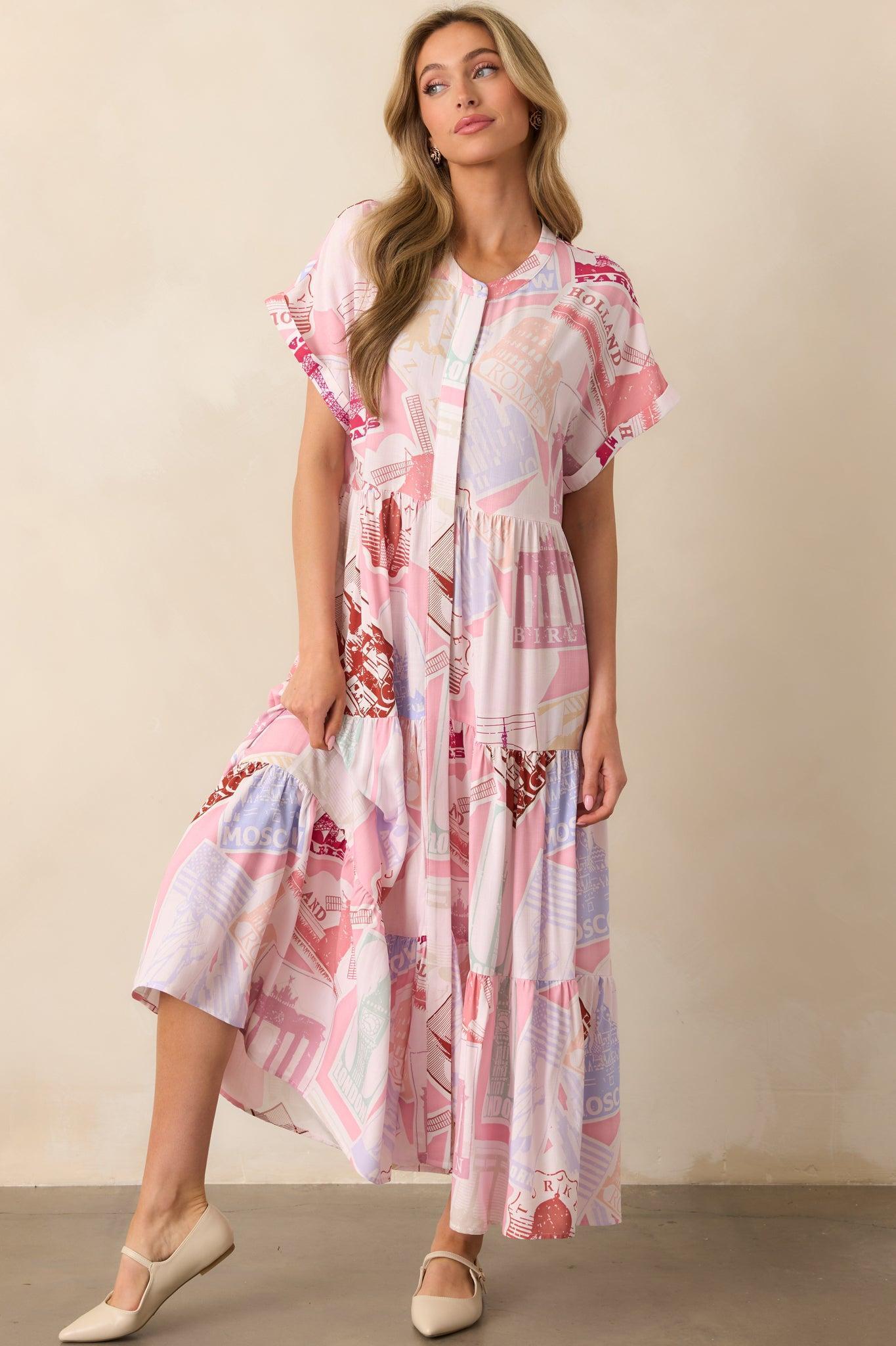 Mallory Passport Print Pink Midi Dress Product Image
