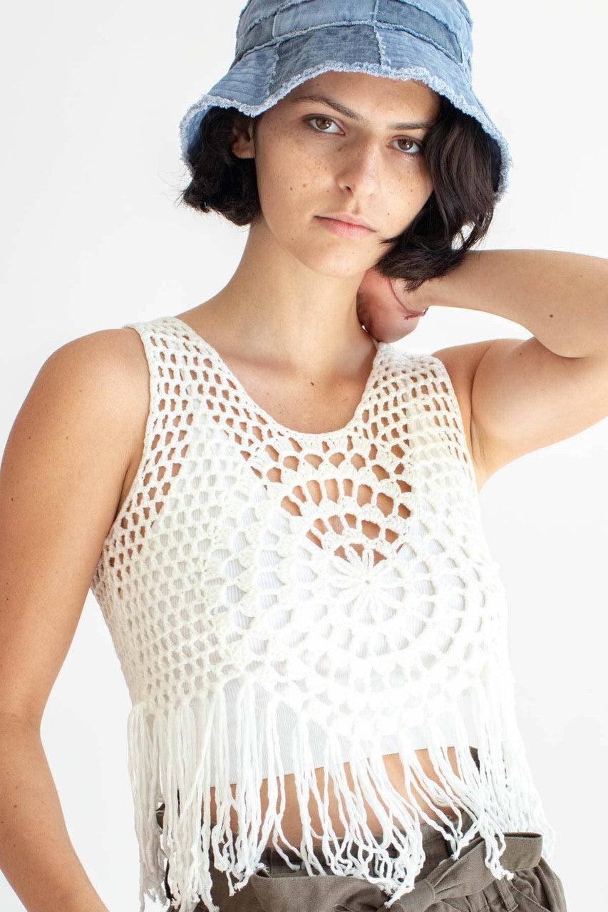 White Mandala Crochet Fringe Top Product Image