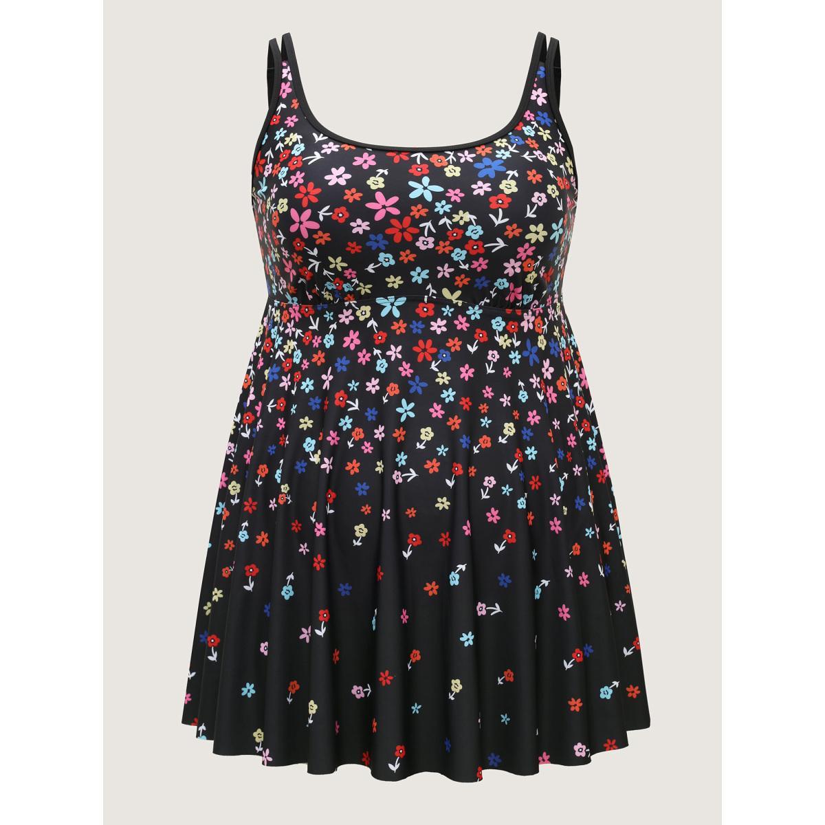Plus Size Florals Everywhere Fit and Flare Swim Dress Women's Swimwear Black Beach Bodycon U-neck High stretch Curve Swim Dresses BloomChic 10/M Product Image