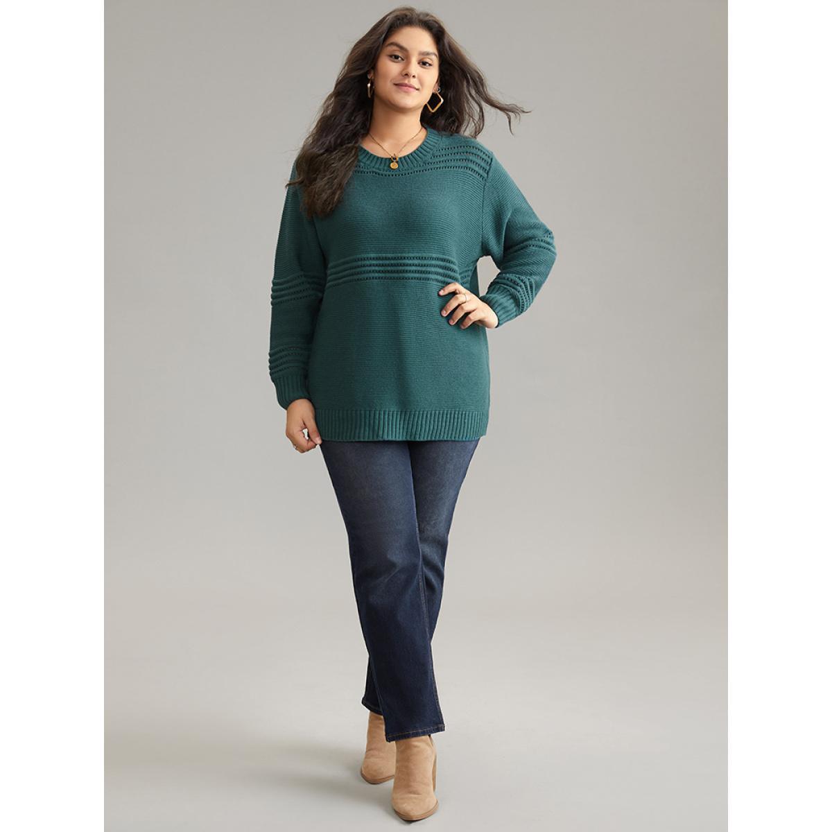 Plus Size Textured Plain Loose Elastic Cuffs Pullover Cyan Women Casual Loose Long Sleeve Round Neck Dailywear Pullovers BloomChic 18-20/2X Product Image