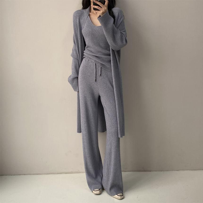 Set: Sleeveless V-Neck Plain Knit Top + Long Cardigan + Drawstring Waist Plain Wide Leg Pants Product Image