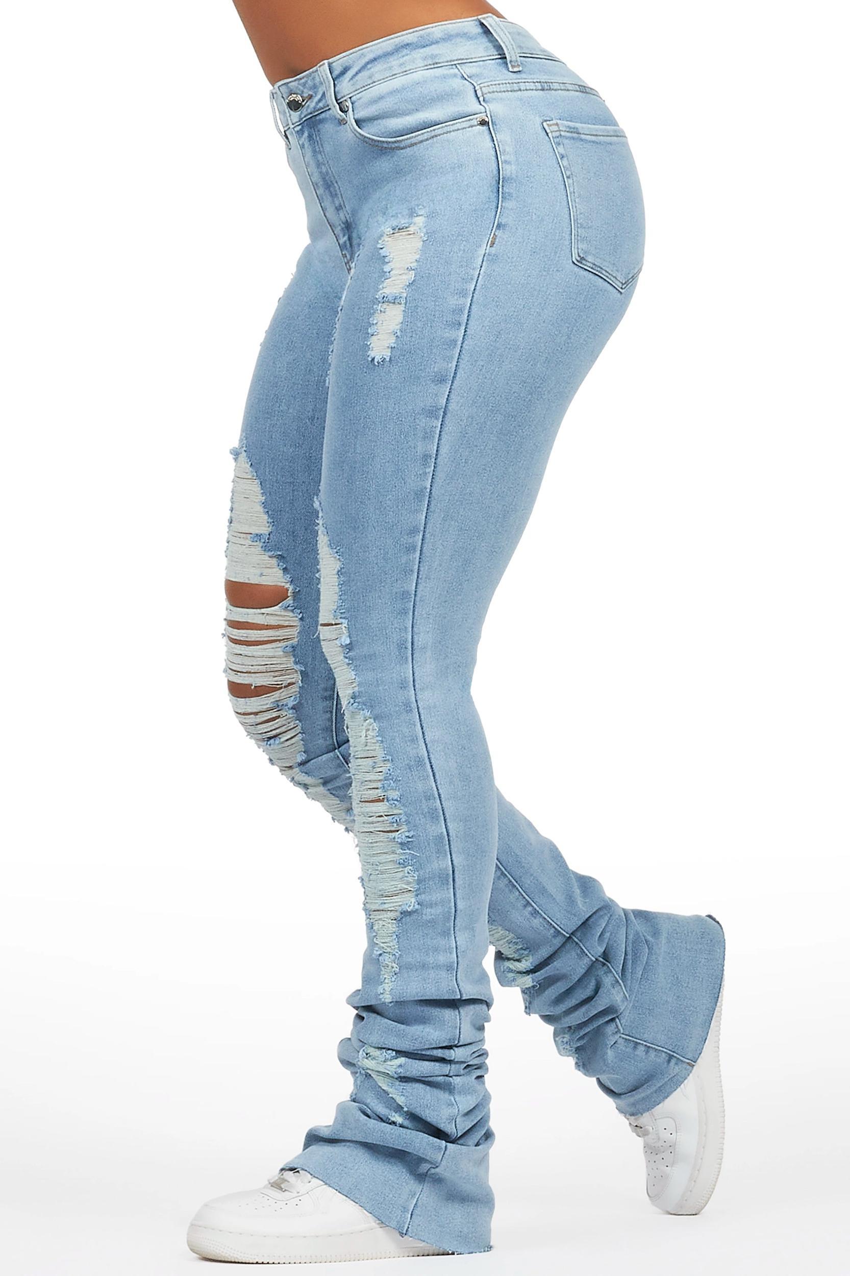Got A Crush Light Wash Distressed Super Stacked Jean Female Product Image