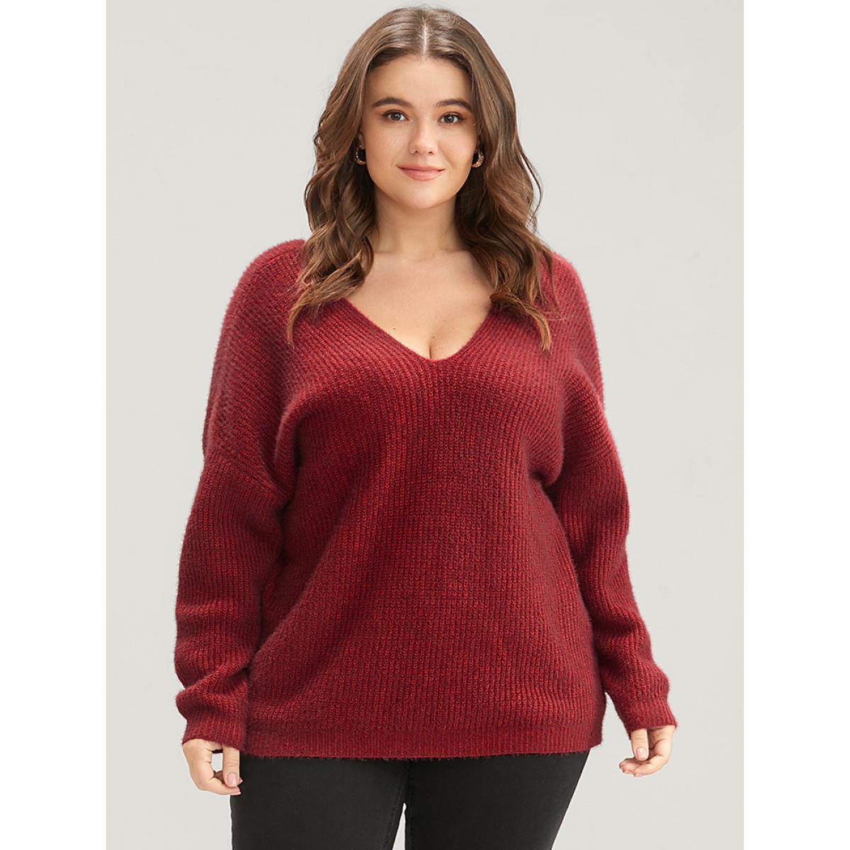 Plus Size Solid Soft Pointelle Knit Cut Out Fluffy Knit Top Burgundy Women Casual Loose Long Sleeve V-neck Dailywear Pullovers BloomChic 26/4X Product Image
