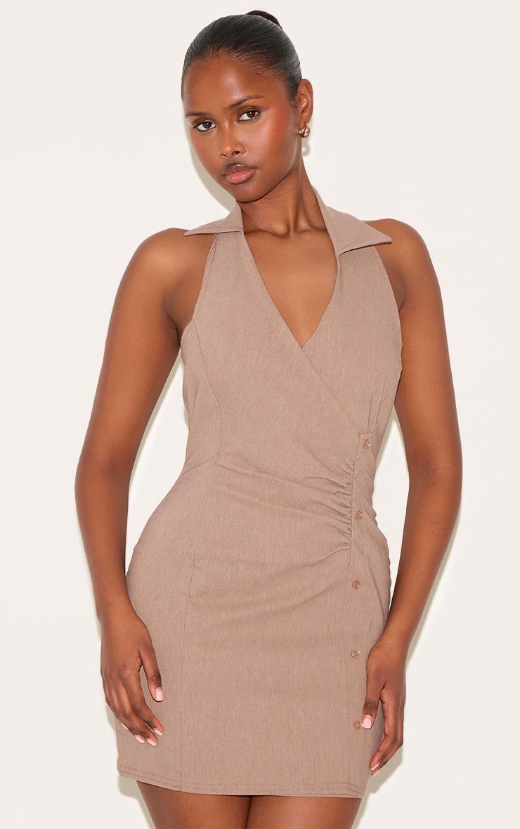 Taupe Asymmetric Button Down Collar Detail Bodycon Dress Product Image