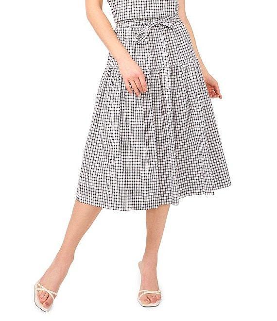 CeCe Gingham A-Line Tiered Belted Midi Skirt Product Image
