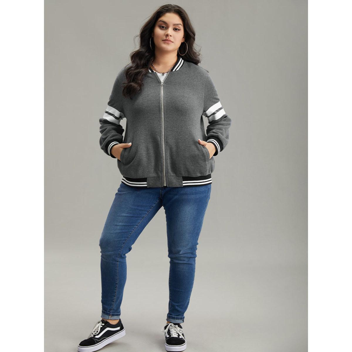 Plus Size Striped Patchwork Contrast Pocket Zipper Bomber Jacket Women DimGray Elastic cuffs Pocket Dailywear Jackets BloomChic 26/4X Product Image