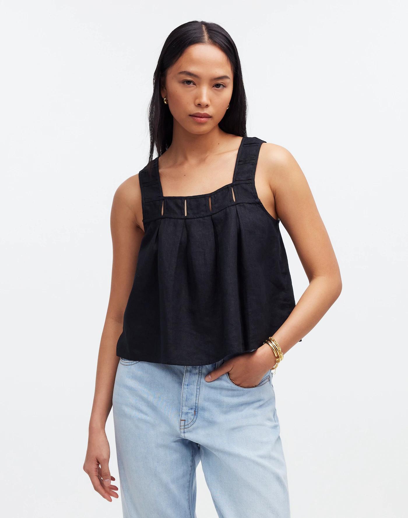 Embroidered A-Line Top in 100% Linen Product Image