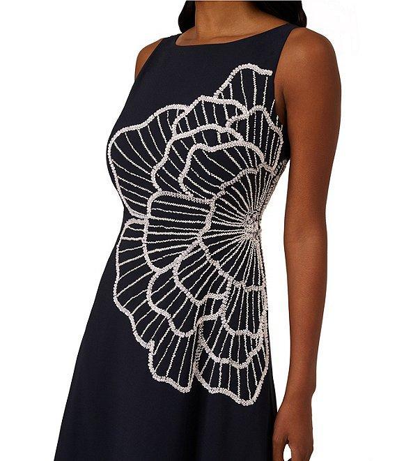 Adrianna Papell Floral Beaded Crepe Boat Neck Midi A-Line Dress Product Image