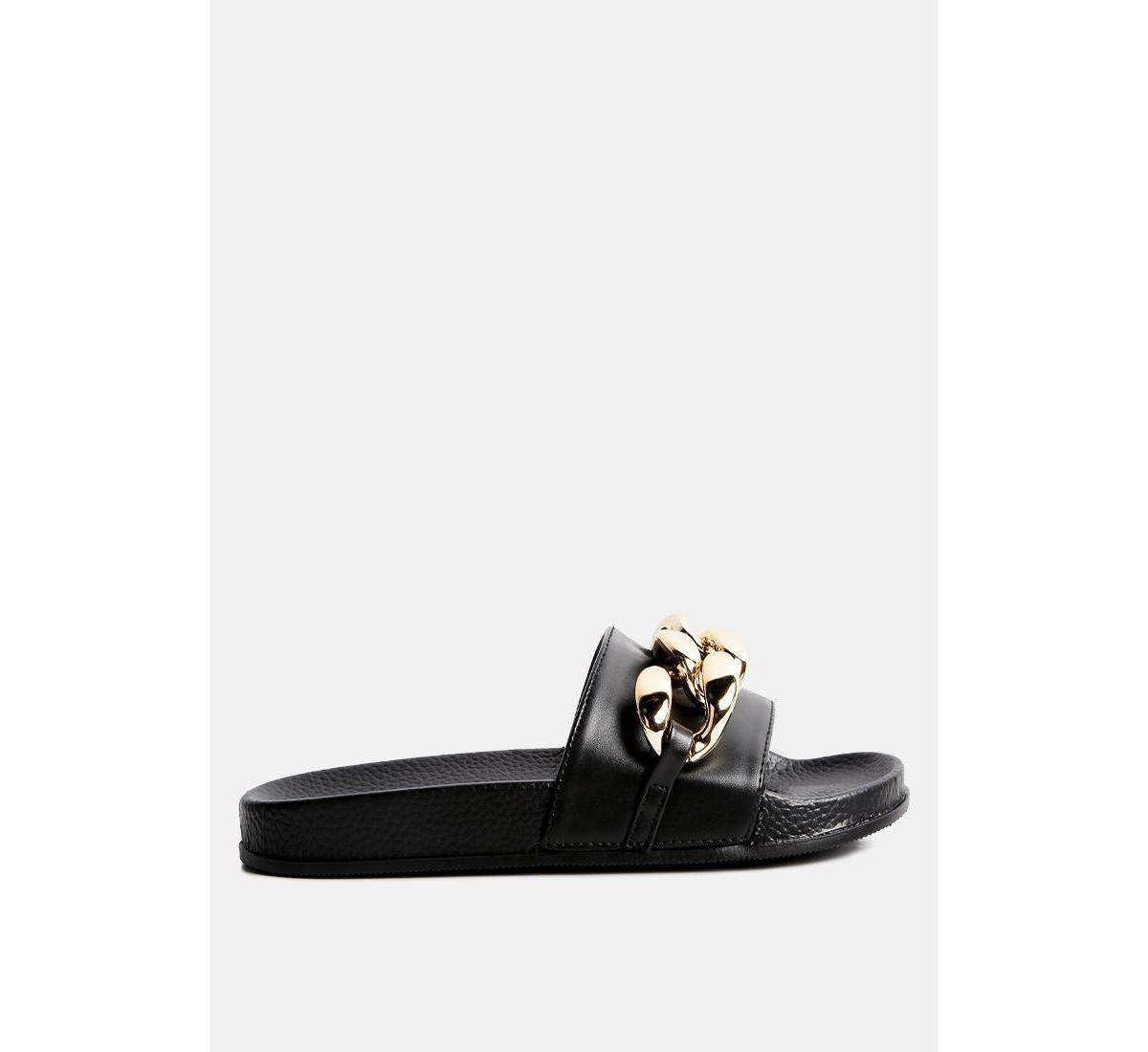 London Rag Women's Ishtar Metallic Chain Metal Slide Sandals, Size: 7, Black Product Image