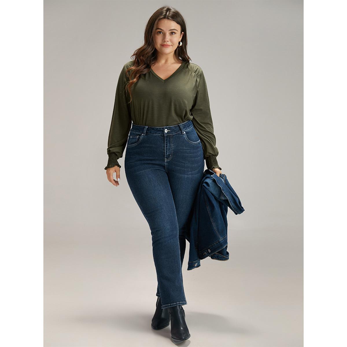 Plus Size Plain V Neck Gathered Shirred Sleeve T-shirt ArmyGreen Women Casual Elastic cuffs Plain V-neck Everyday T-shirts BloomChic 14-16/1X Product Image