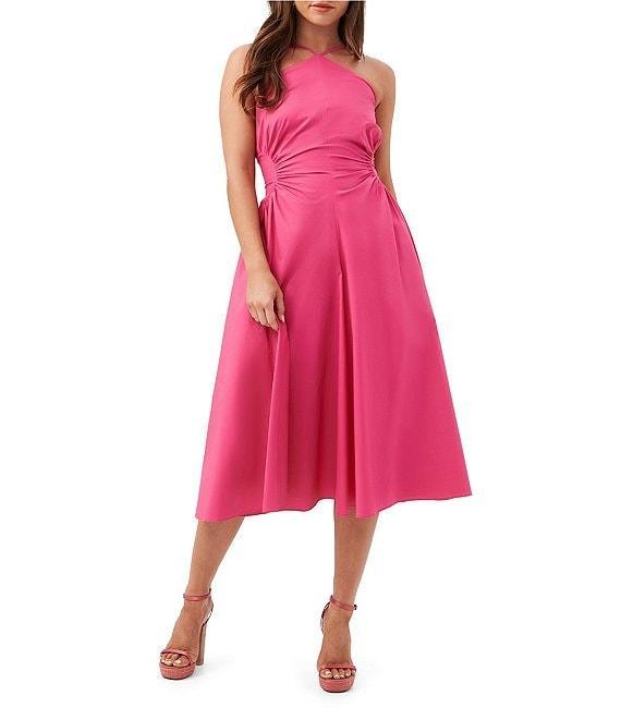 Trina Turk Kata Stretch Poplin Halter Neck Sleeveless Ruched A-Line Midi Dress Product Image