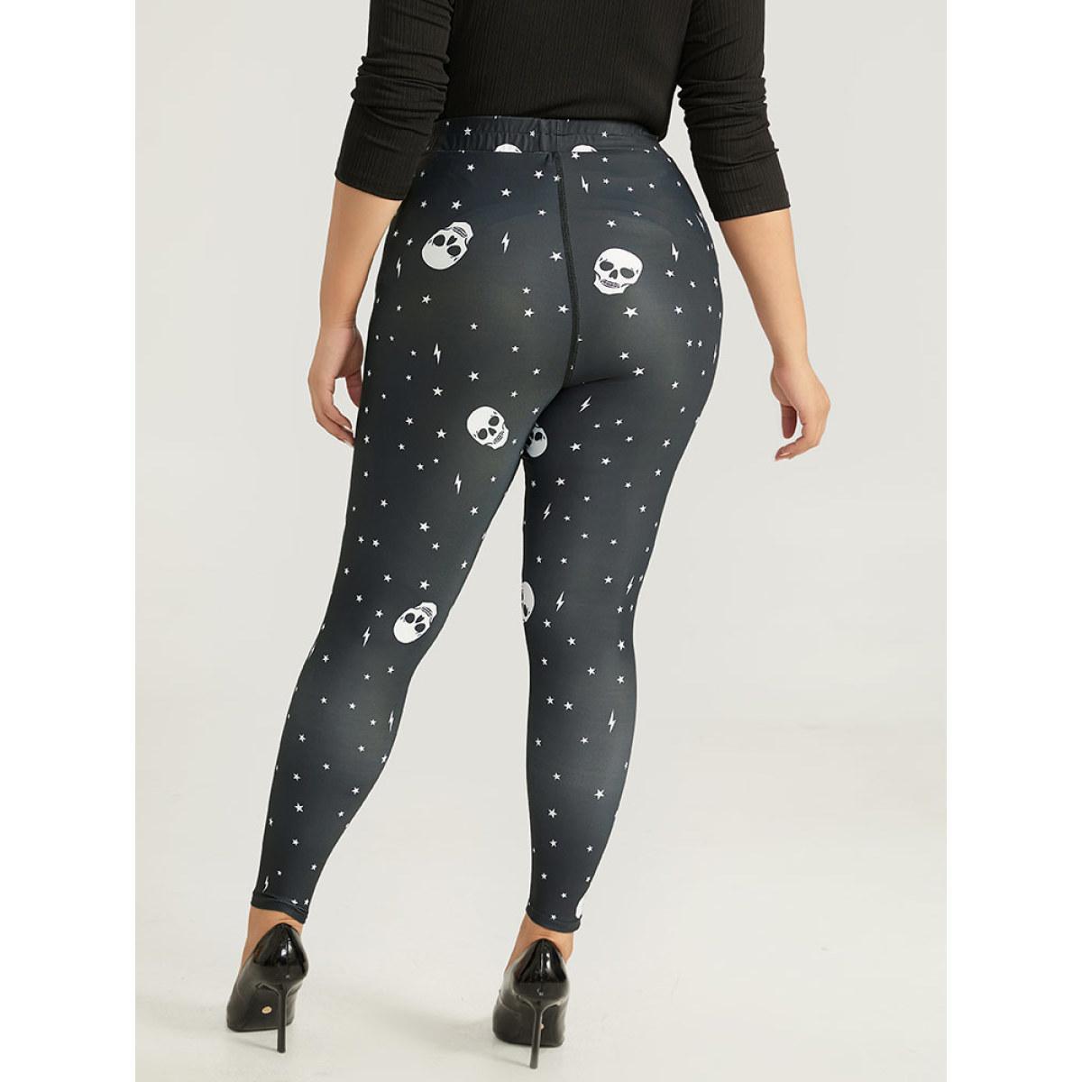 Plus Size Halloween Skull & Star Print Elastic Waist Leggings Women Black Elegant High stretch Skinny High Rise Festival-Halloween Leggings BloomChic 26/4X Product Image