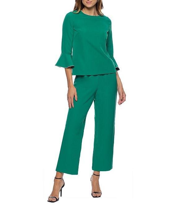 Marina Crew Neck 3/4 Bell Sleeve Rhinestone Trim 2-Piece Pant Set Product Image