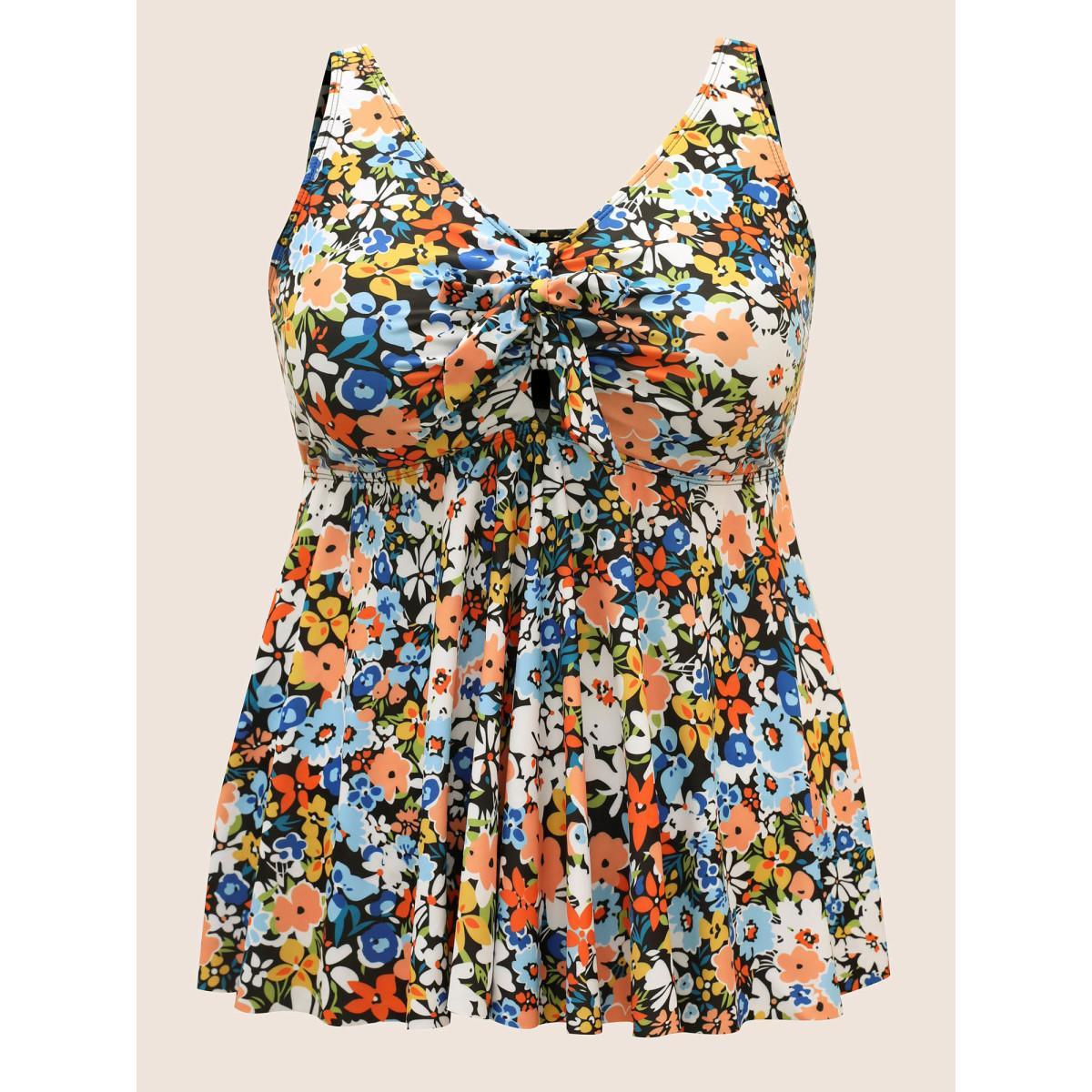 Plus Size Colored Floral Print Knotted Gathered Swim Top Women's Swimwear Multicolor Beach Knotted High stretch Bodycon V-neck Curve Swim Tops BloomChic 18-20/2X Product Image