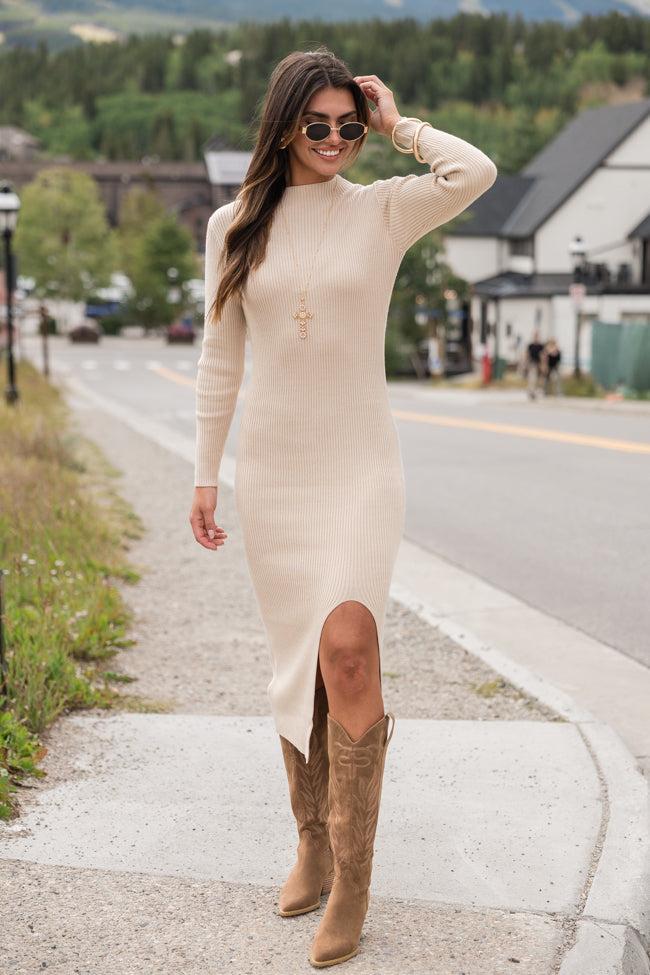 Next In Line Taupe Split Leg Mock Neck Midi Dress FINAL SALE Product Image